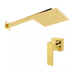 Chuveiro Ducha Água Fria 20x20 Aço Inox Dourado Brilhante + Acabamento De Registro Padrão Deca