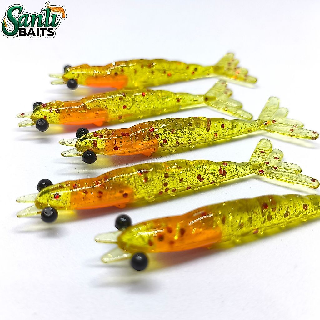 Camarão Artificial pesca 6, 7 e 8cm c/15 unidades Amarelo translucido