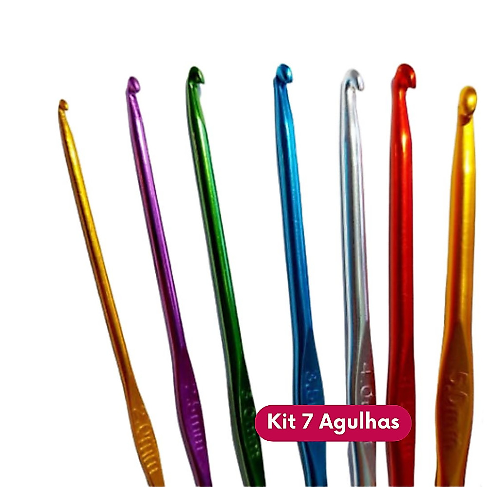 Kit 7 Agulhas de Crochê Alumínio Coloridas 2,0mm 2,5mm 3,0mm 3,5mm 4,0mm 4,5mm 5,0mm
