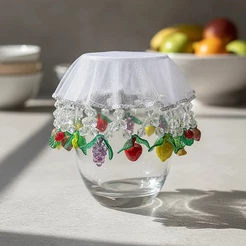 Cobre Copo Taça ou Jarra Pequena Bordado Pedrarias Frutas Sortidas 15 Cm Organza Corte à Laser