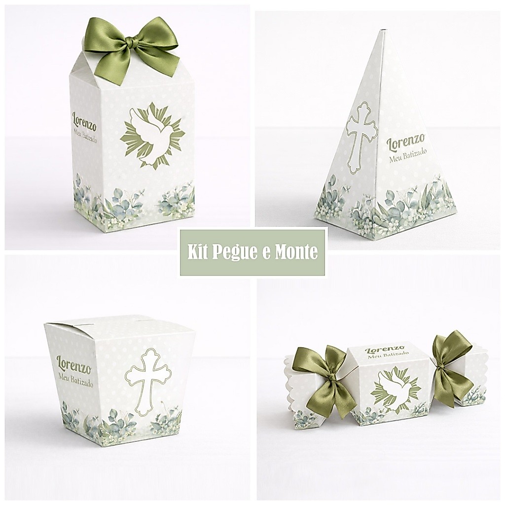 Kit Pegue Monte Personalizados Batizado Verde 20 a 60 Caixinhas Lembrancinhas de Batizado