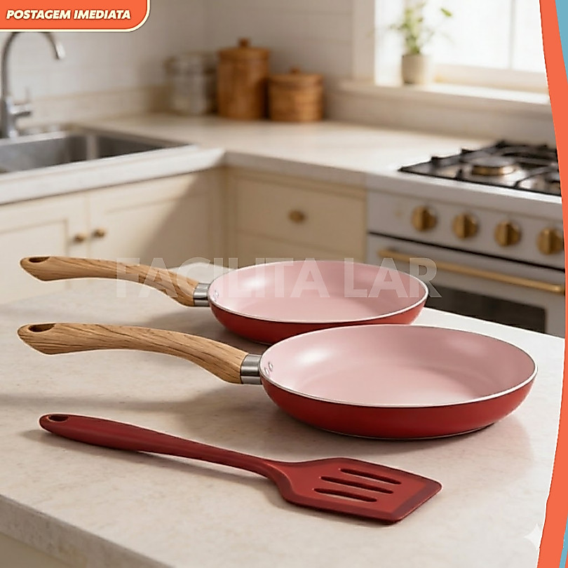 Kit 2 Frigideiras em Cerâmica Antiaderente Gás e Espátula de Silicone Com Cabos Toque Amadeirado Cozinha