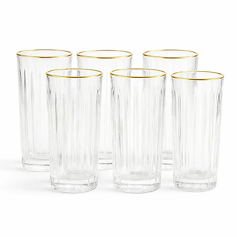 Jogo 6 Copos Altos Com Borda Dourada Em Vidro 370ml Bebidas