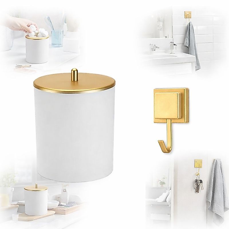 Kit Gancho Porta Toalha e Lixeira Escritorio Branco Dourado