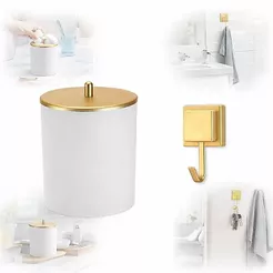 Kit Gancho Porta Toalha e Lixeira Escritorio Branco Dourado