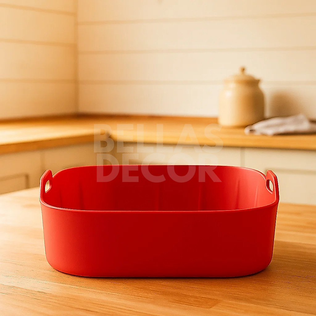 Forma Cesto Silicone 19x2019cm p/ Air Fryer – Base com Sulcos, Alças Laterais, Vermelho e Cinza