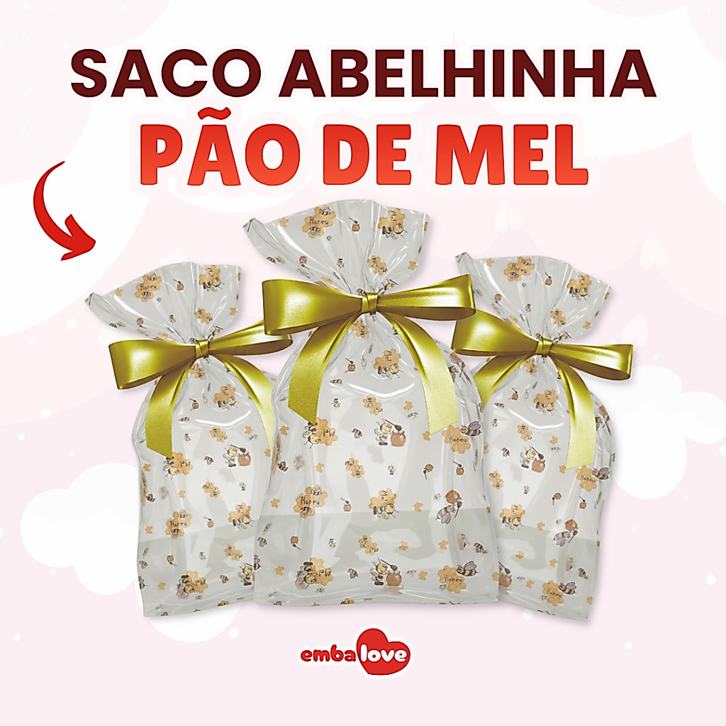 50 Saco Decorado Abelha Pão de Mel Transparente 10x15 11x20 15x20