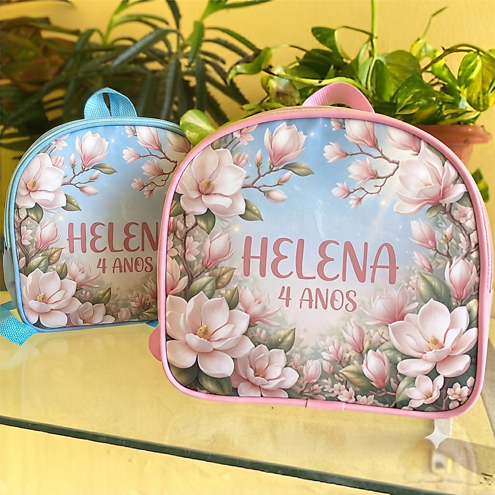 10 Mochilinhas lembrancinhas personalizada no tema Magnólias Encantadas, personalizamos para aniversários e brindes
