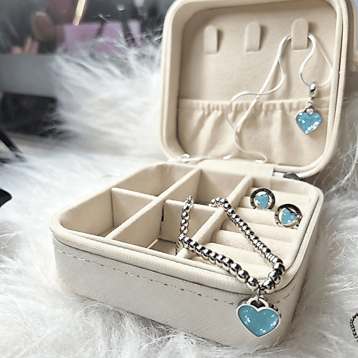 Kit Colar Coração Azul + Pulseira + Brincos Femininos Aço Inoxidável 316L Antialérgico Presente