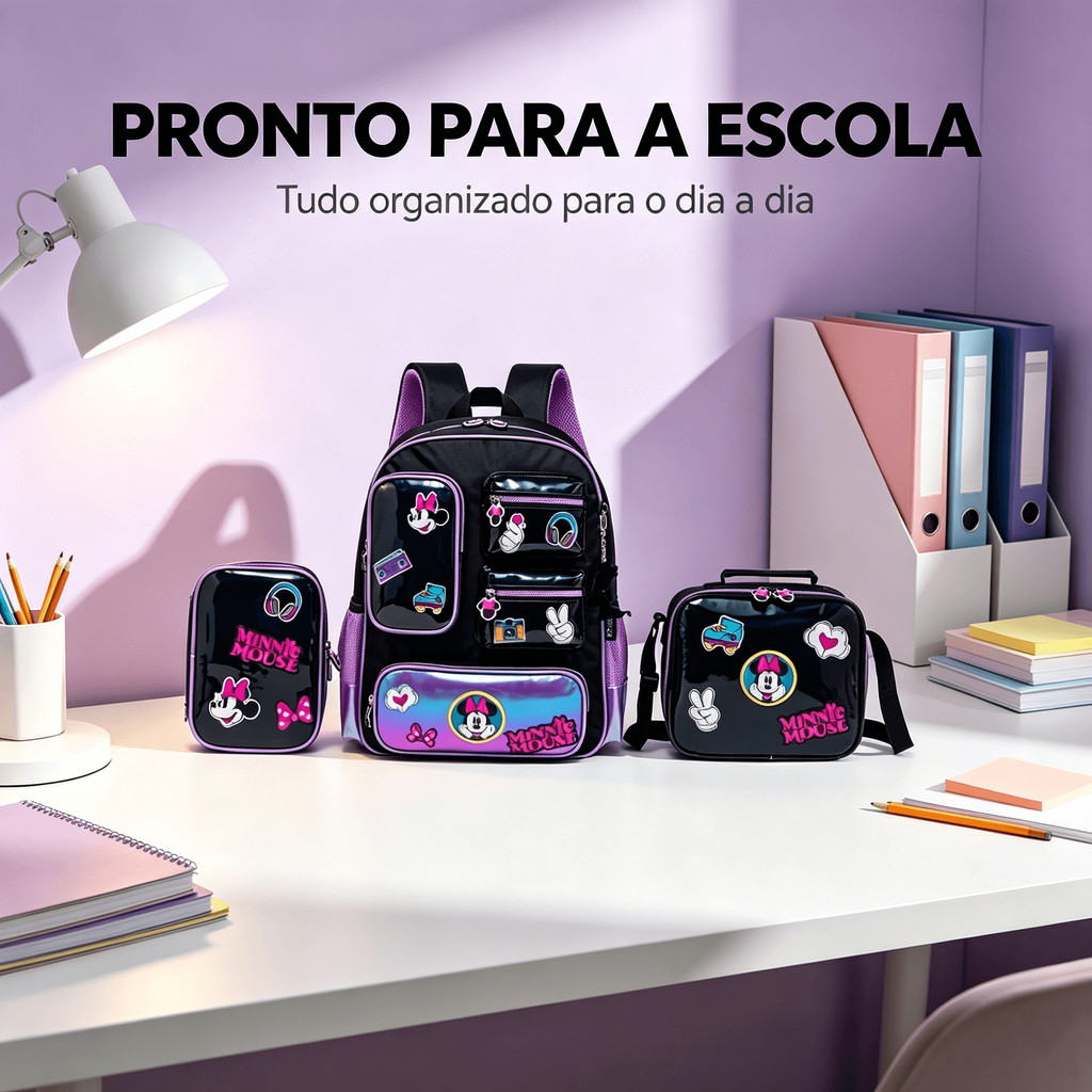 Kit Minnie Mochila Lancheira Estojo Escolar Rodinha Infantil Feminina Disney