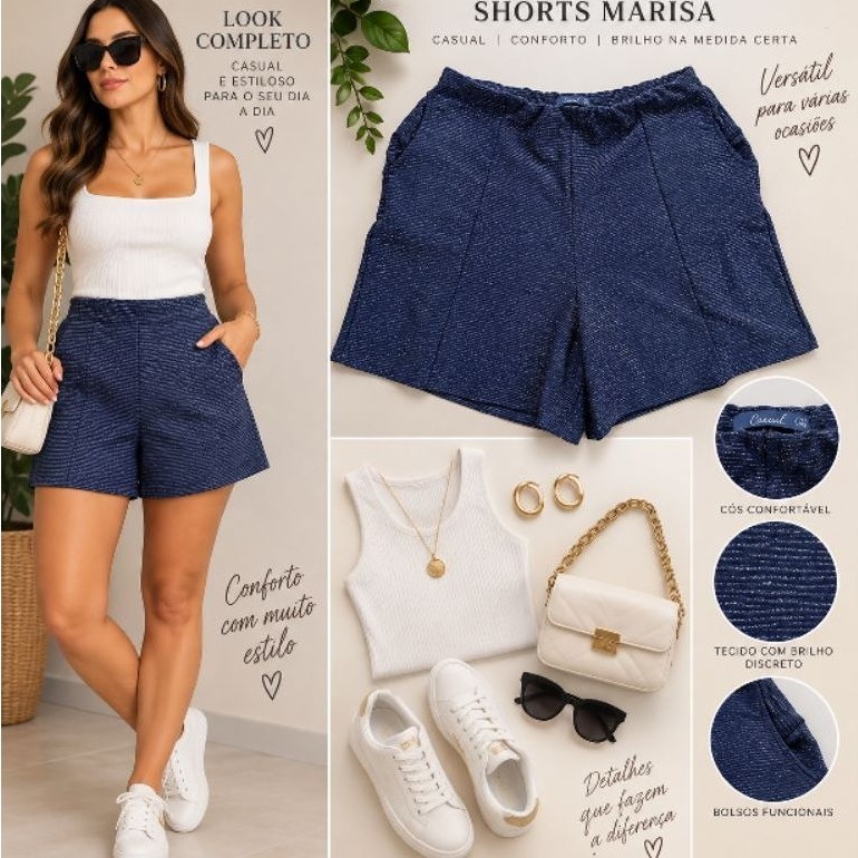 Shorts Feminino Caedu Azul Marinho Cintura Elástica Forrado Tamanho GG com Elastano Casual Confortável brilho (Brechó)