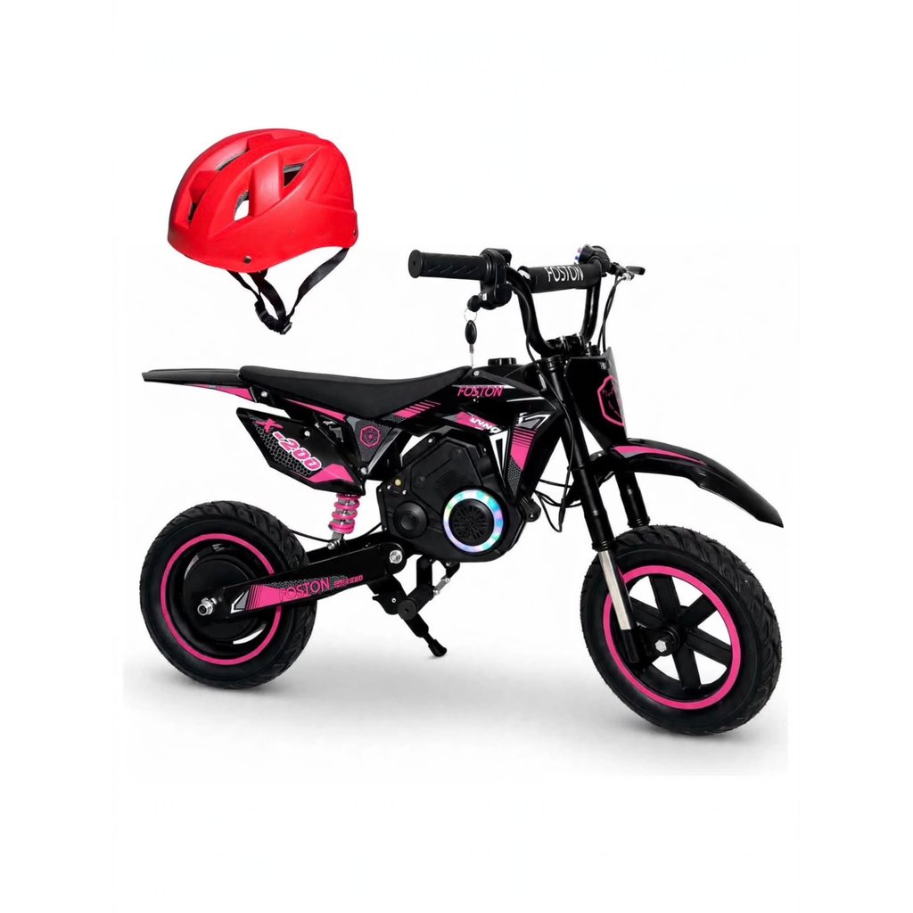 Mini moto eletric foston x200 250w 3 velocidade, suporta ate 80 kilos, possui led COR PRETA COM ROSA