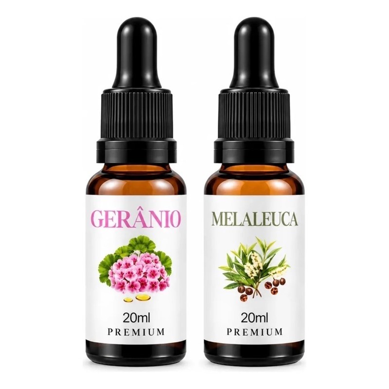 Kit Óleos Essenciais Gerânio + Melaleuca 20ml Cada | Aroma Natural Premium | Bem-Estar e Aromatização (CONTA GOTAS)