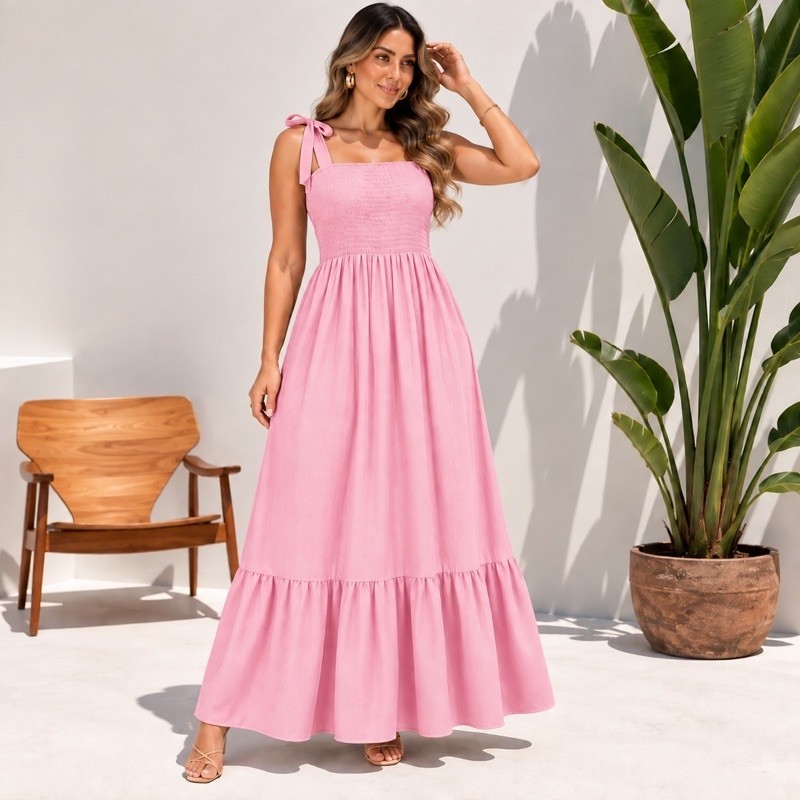 Vestido Longo Feminino Azul Bebê Lastex Alça de Amarrar Tamanho Único Moda Evangélica Casual Elegante Verão