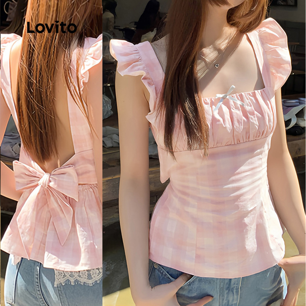 Lovito Férias Blusa Rosa Feminina com Laço Delicado Fresca e Confortável para Primavera/Verão L139AD384
