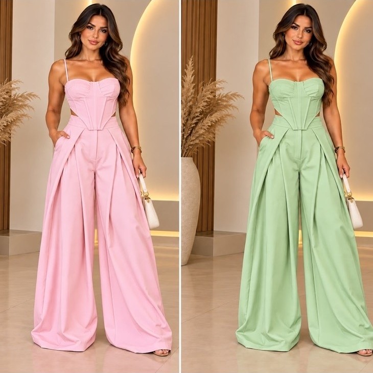 Conjunto Feminino Elegante  Alfaiataria com Calça Pantalona e Blusa de Alça Feminina Social Chic