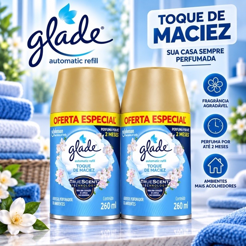 Refil  Glade Odorizador de Ambiente - Toque de Maciez 260ml Aromatizador Spray Automático 1 ou 2 Unidades