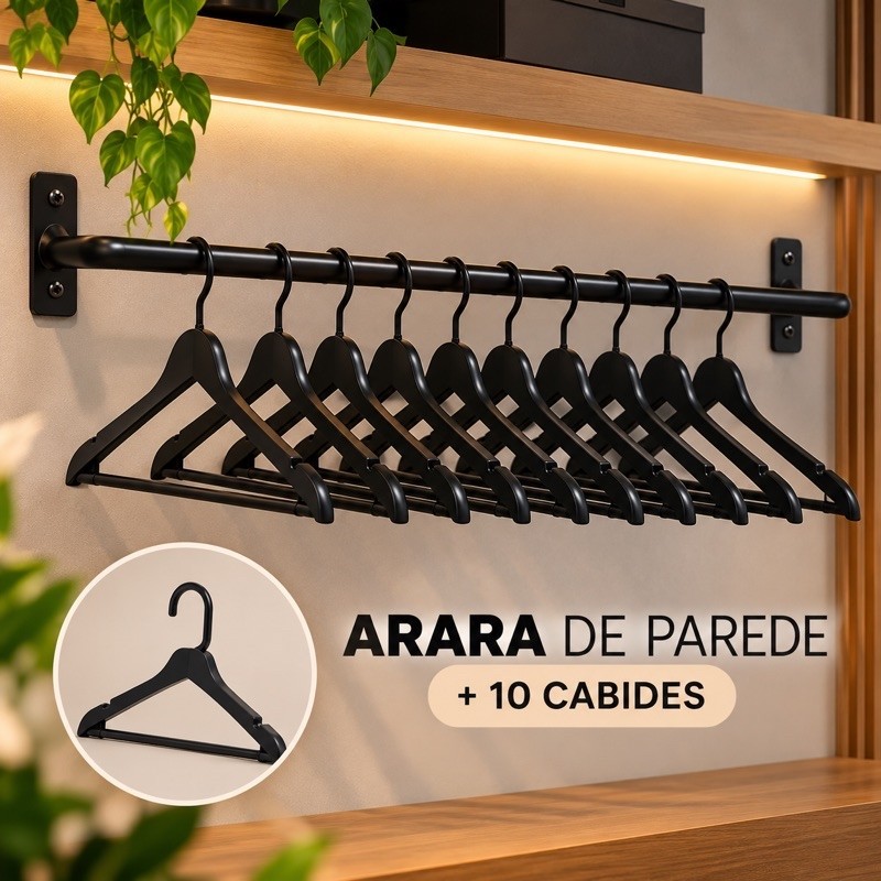 Arara de Parede + 10 Cabides Resistente 100cm Preto Design Moderno Premium