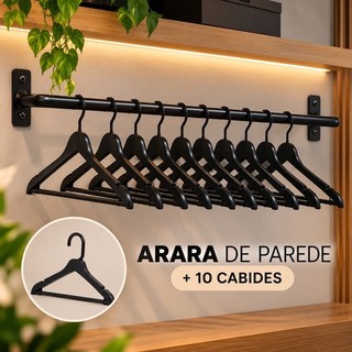 Arara de Parede + 10 Cabides Resistente 100cm Preto Design Moderno Premium