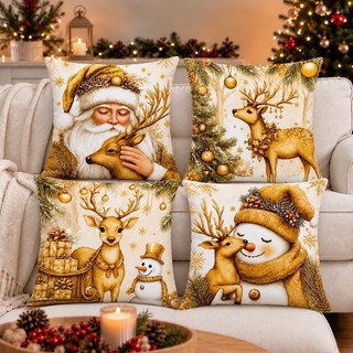 KIT 4 CAPAS DE ALMOFADAS DECORATIVAS NATAL,BONECO DE NEVE,RENA COLEÇÃO DOURADA- TAMANHO 45X45