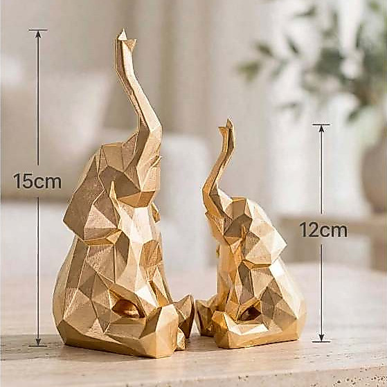 Elefante Decorativo Dourado Kit 2 Peças - Estatueta Geométrica 3D Pintada à Mão - Enfeite Sala Sorte e Prosperidade