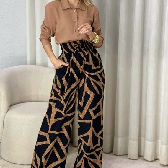 Calça Pantalona Elegance Geométrica Con Elástico Alto