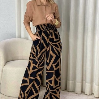Calça Pantalona Elegance Geométrica Con Elástico Alto