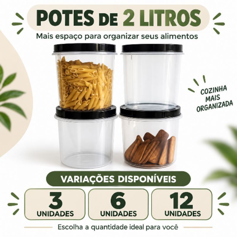 Jogo até 12 Potes 2 Litros Mantimento Plástico com Tampa de Rosca Hermético Multiuso Kit Organizador