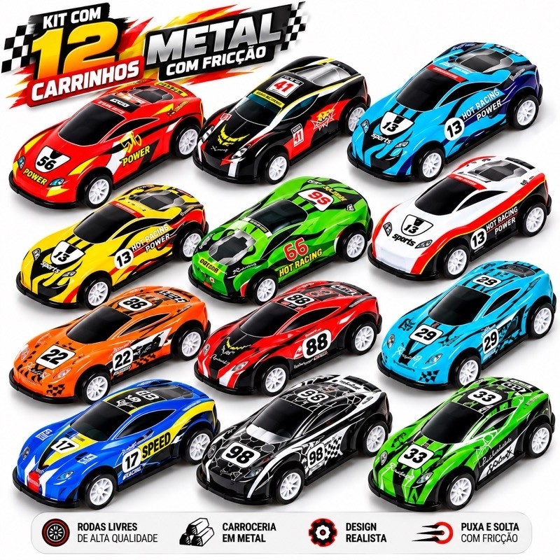 Kit 12 Carrinhos Roda Livre De Metal Com Fricção Carros Colecionáveis Brinquedo Menino Feliz