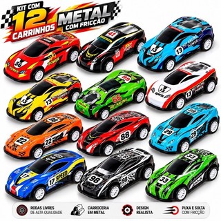 Kit 12 Carrinhos Roda Livre De Metal Com Fricção Carros Colecionáveis Brinquedo Menino Feliz