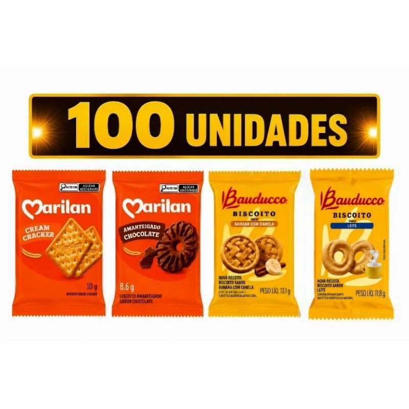 Kit 100 Biscoitos Bauducco & Marilan Sachê Sortido/ Chocolate, Banana Com Canela, Cream Cracker e Leite