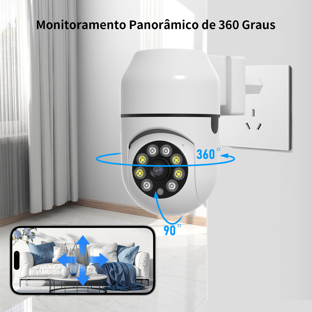 Câmera de Segurança WiFi 1080P 360° PTZ, Visão Noturna, Áudio Bidirecional e Detecção de Movimento em Oferta na Shopee