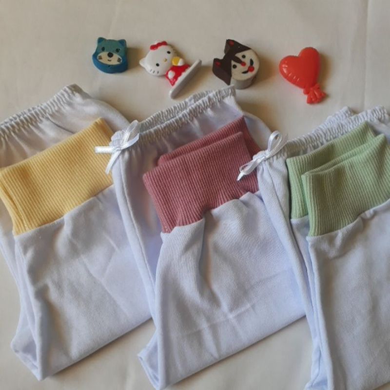 PROMOÇÃO KIT COM 3 MICHÃOZINHOS BRANCO E COLORIDOS RN/ RIBANA COLORIDA SEM PÉ 100% ALGODÃO /CALÇA RECÉM NASCIDO