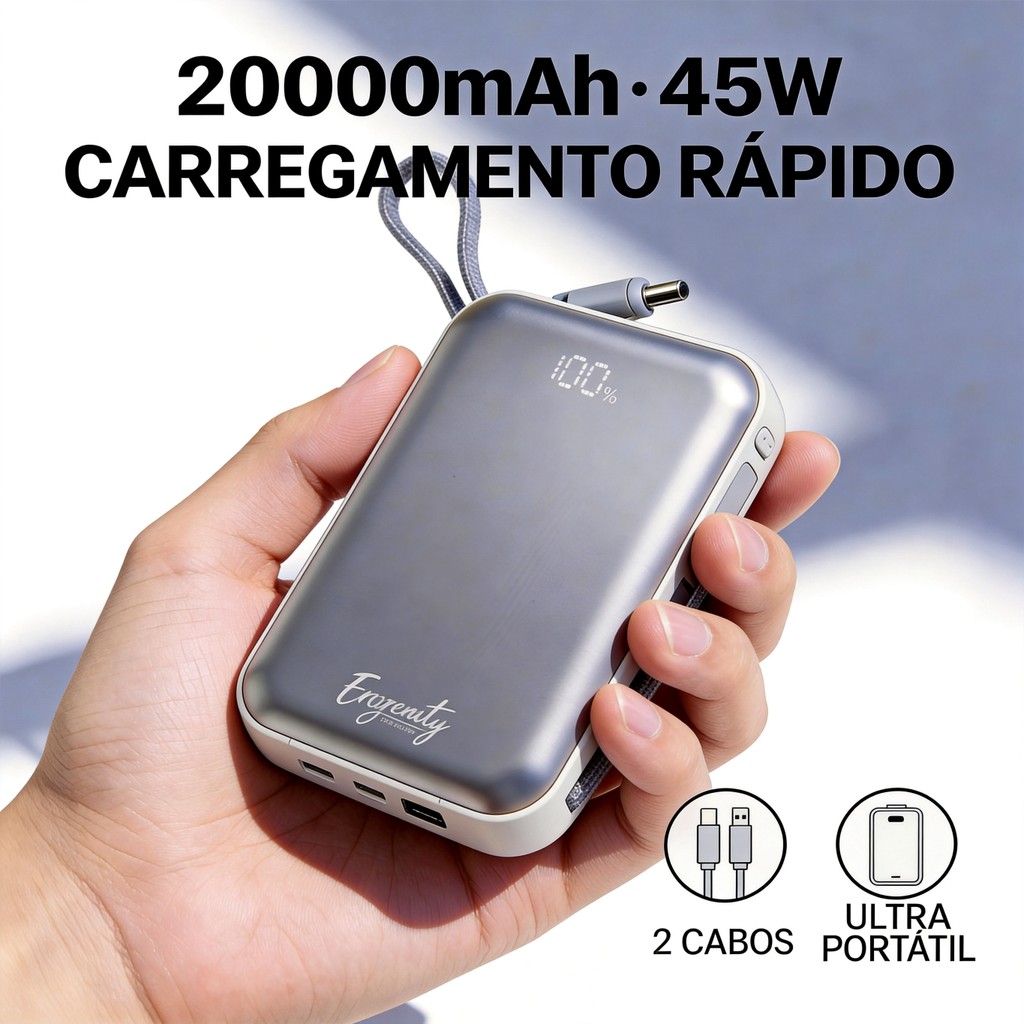 Carregador Portátil 20000mAh 65W, Bateria p/ Viagem, Power Bank 45W/22.5W, USB-C, Carregamento Rápido Celular/Notebook