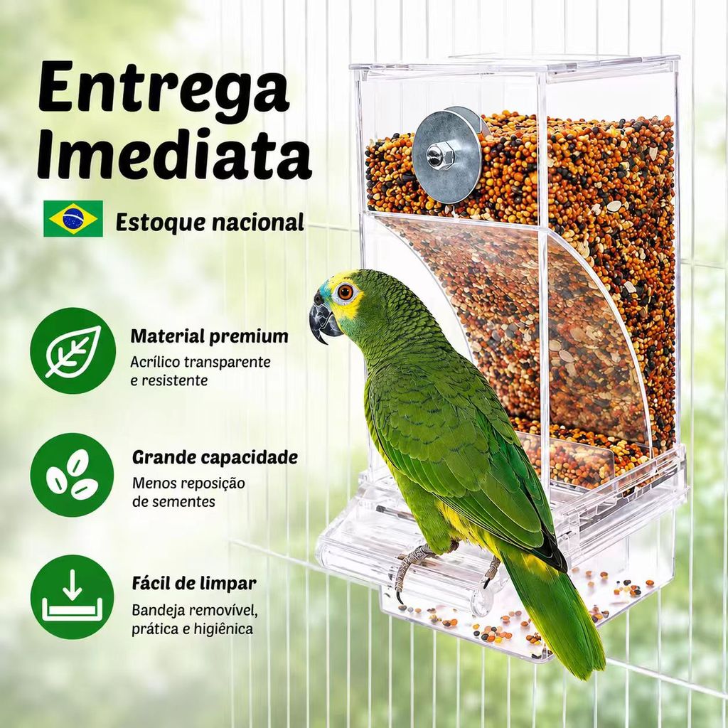 comedouro para Pássaros Acrílico Para Gaiolas Antisujeira com Suporte Externo Prático e Fácil de Higienizar