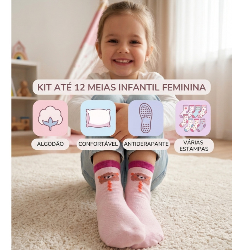 Kit até 12 Pares de Meias Infantil Feminina Estampada Coloridas Algodão Macio Confortável Antiderrapante Respirável