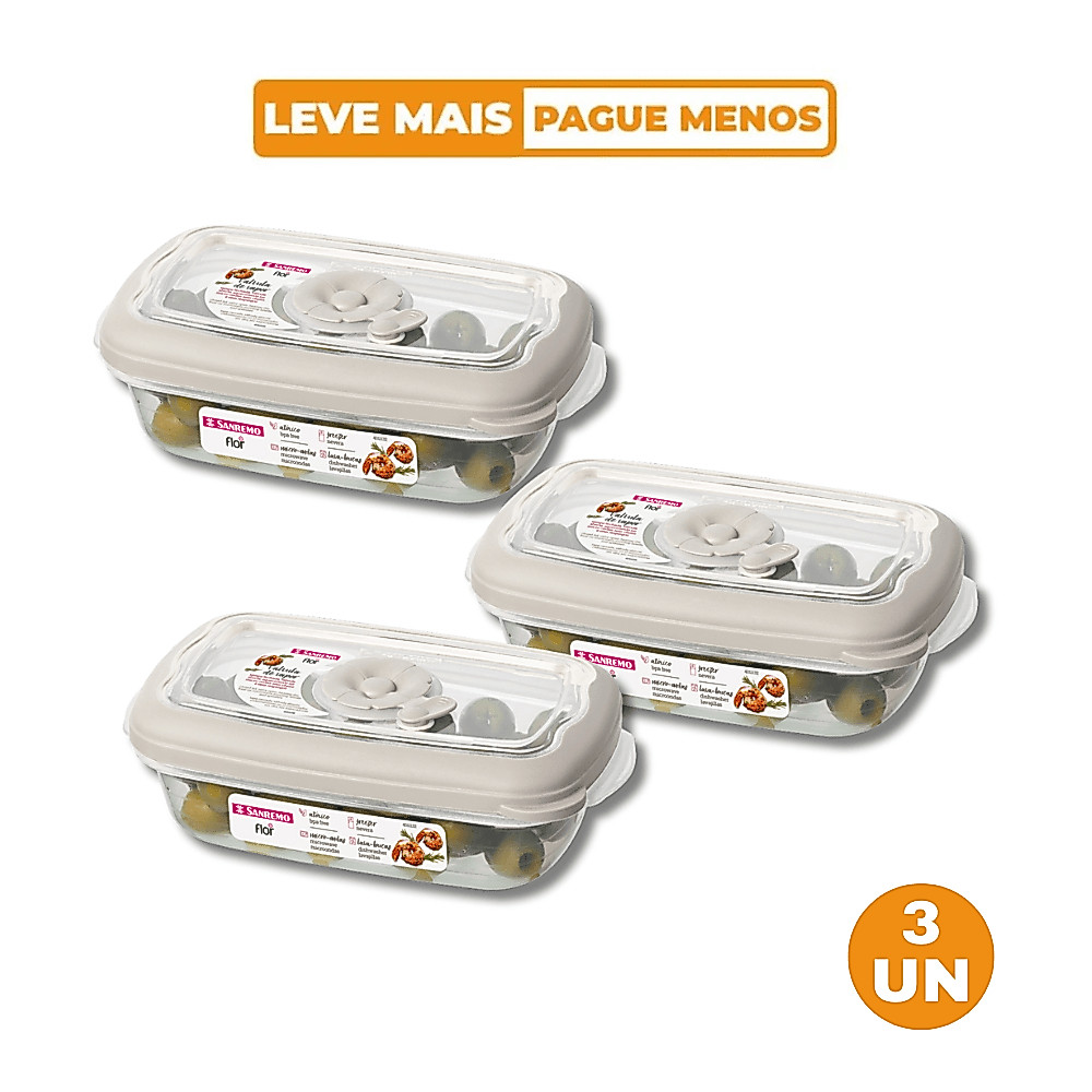 Kit 3 Potes Plásticos Retangulares Herméticos Capuccino 430ml Flor Sanremo