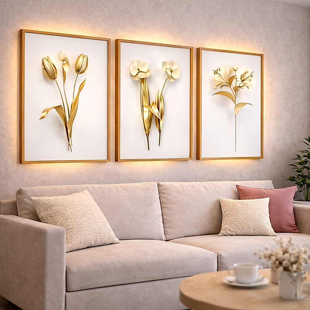 Quadros Decorativos 3 Peças Dourado Floral 3D Grande Quarto Casal Sala Promoção