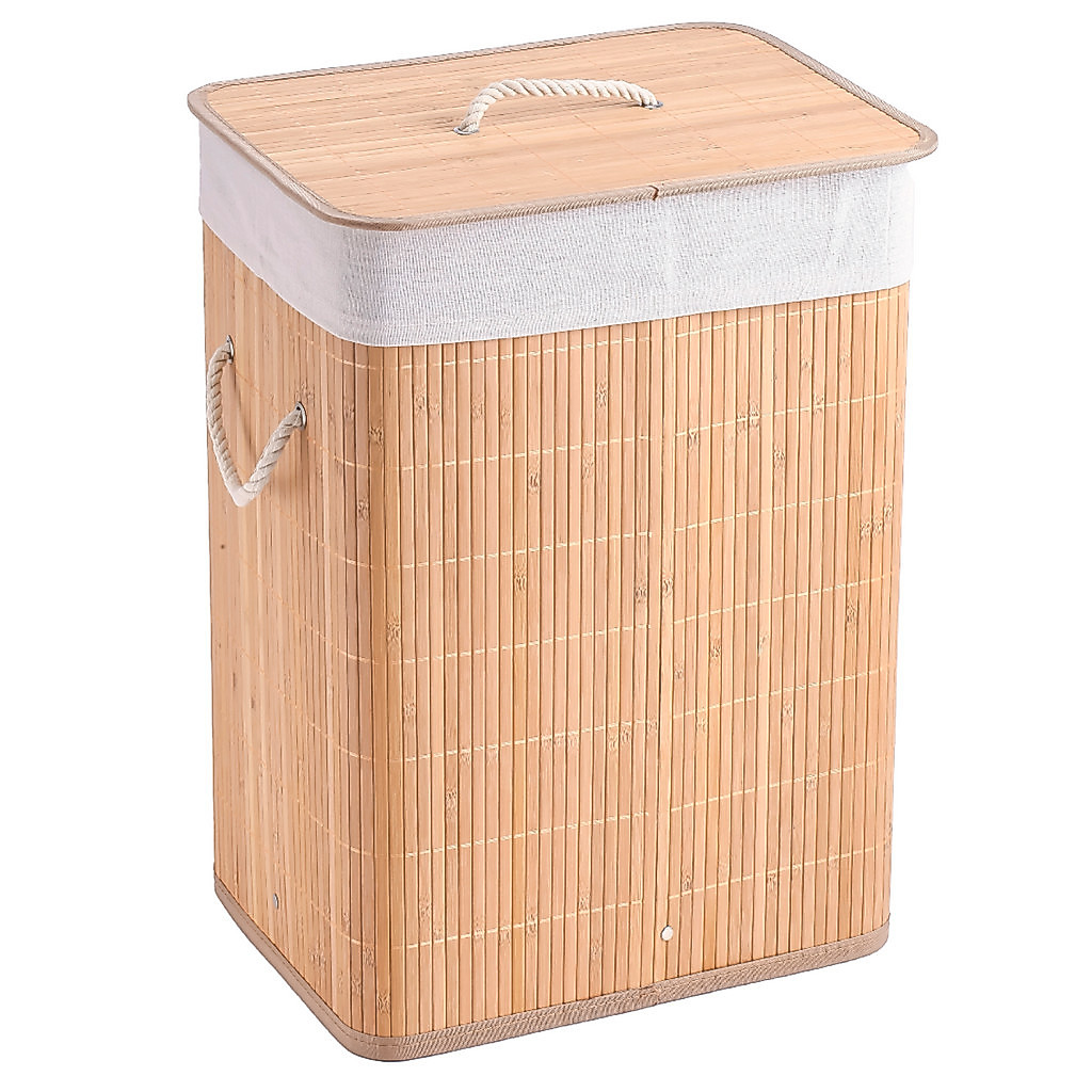 Cesto De Roupa Suja Bambu Dobrável Retangular 60L Grande Organizador Forrado Tampa Alças Banheiro Lavanderia Multiuso