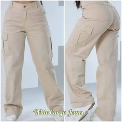Calça Wide Leg Cargo Jeans Caqui