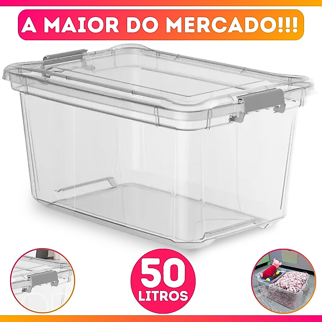 Caixa Organizadora Transparente C/ Trava Multiuso 50 Litros