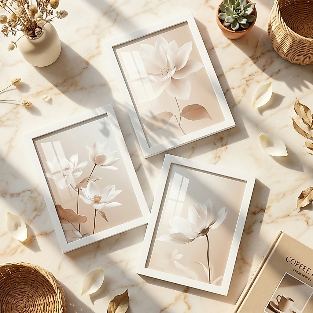 Kit 3 Quadros Decorativos 18x24 Flores Bege Delicadas Neutro Moldura Vidro Sala Quarto Home Office