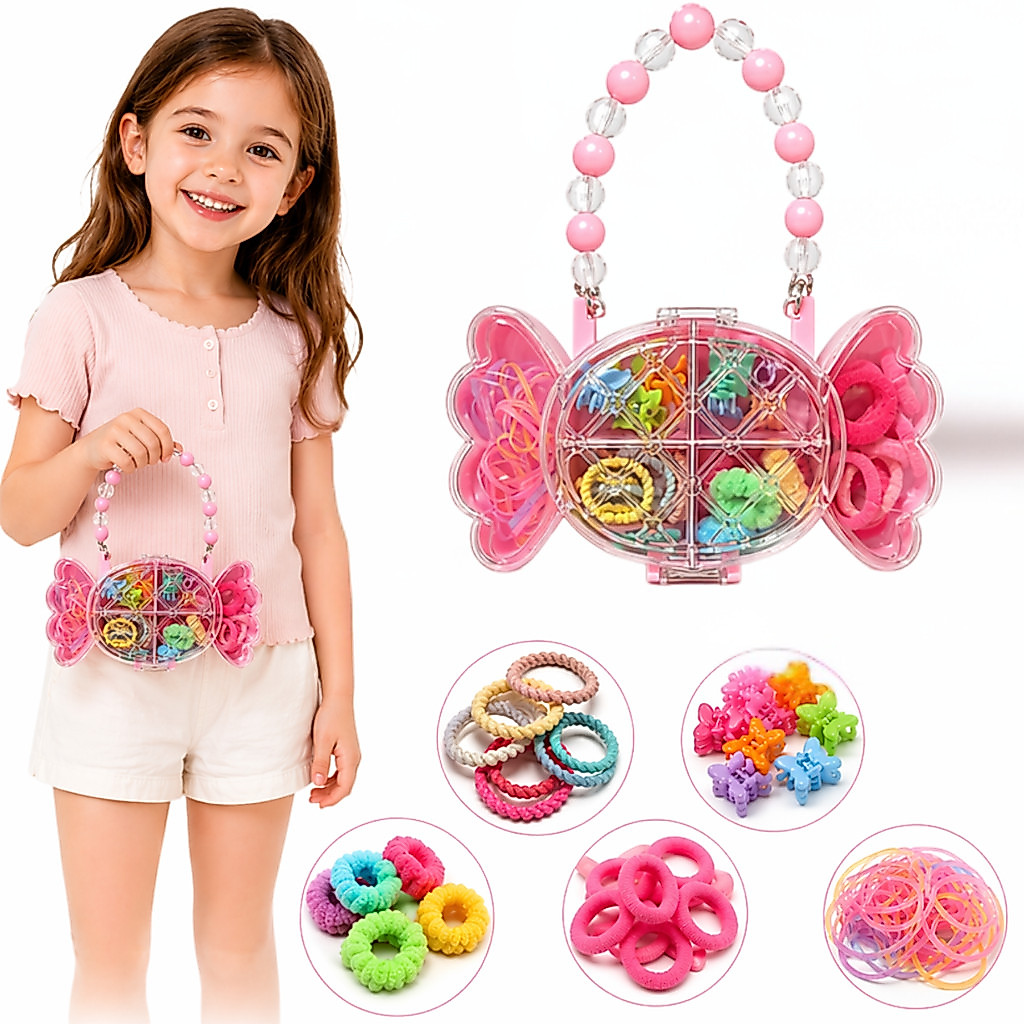 Kit Acessórios de Cabelo Infantil Menina Completo Presilhas Elásticos Xuxinha Bolsinha Pulseira