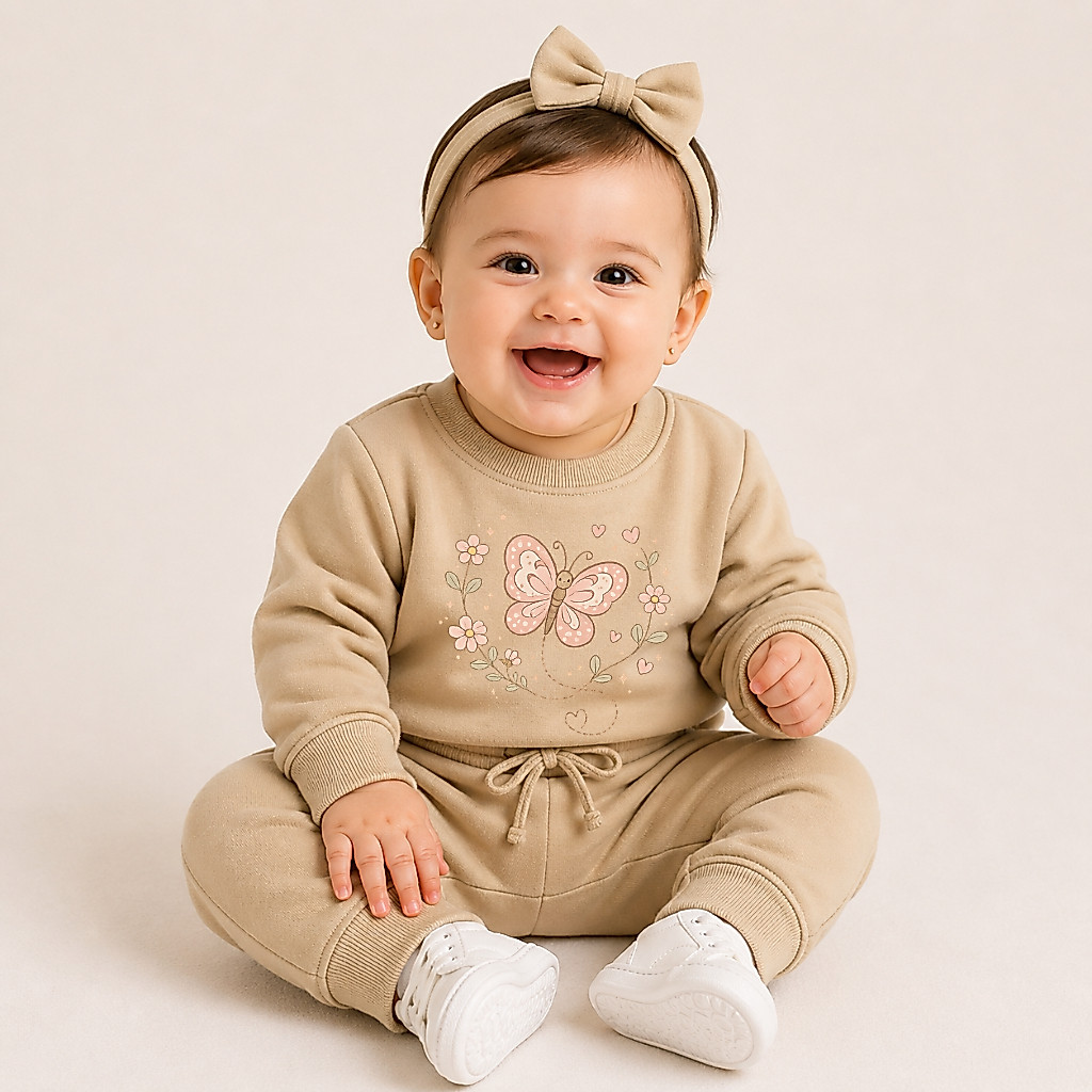 Conjunto Moletom Infantil Menina Bege Borboleta