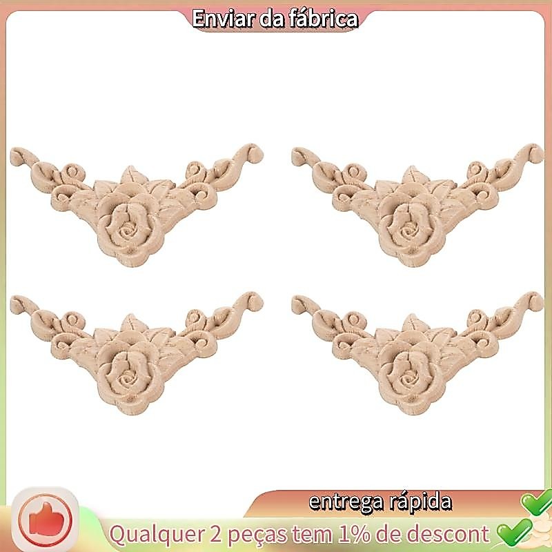 4pcs 8 * 8cm Madeira Esculpida Canto Onlay Aplique Porta Armário Rosa Sem Pintura Estilo Europeu