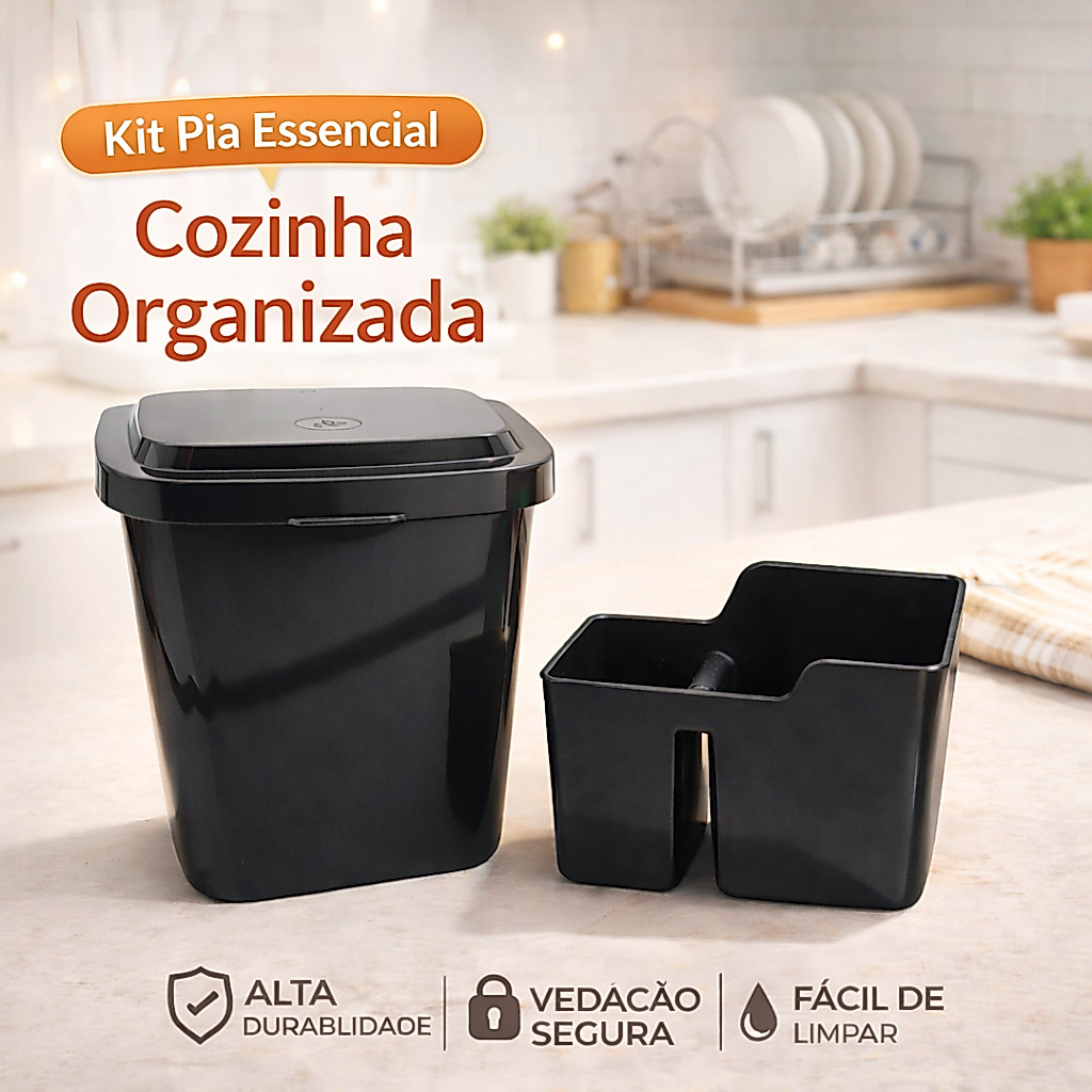 Kit Lixeira Pia De Cozinha E Porta Detergente Sabão Bucha Organizador Pia Lixeirinha Plástico Premium