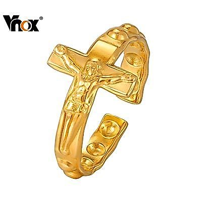 Vnox Jesus Cruz Anel Masculino De Aço Inoxidável Religião Católica Ajustável Presente De Festa