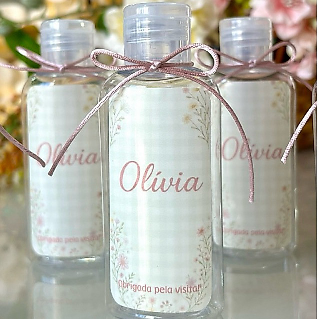 30 Lembrancinhas Personalizadas Álcool Gel 60ml Maternidade - Nascimento- Chá Revelação - Batizado - frasco vazio