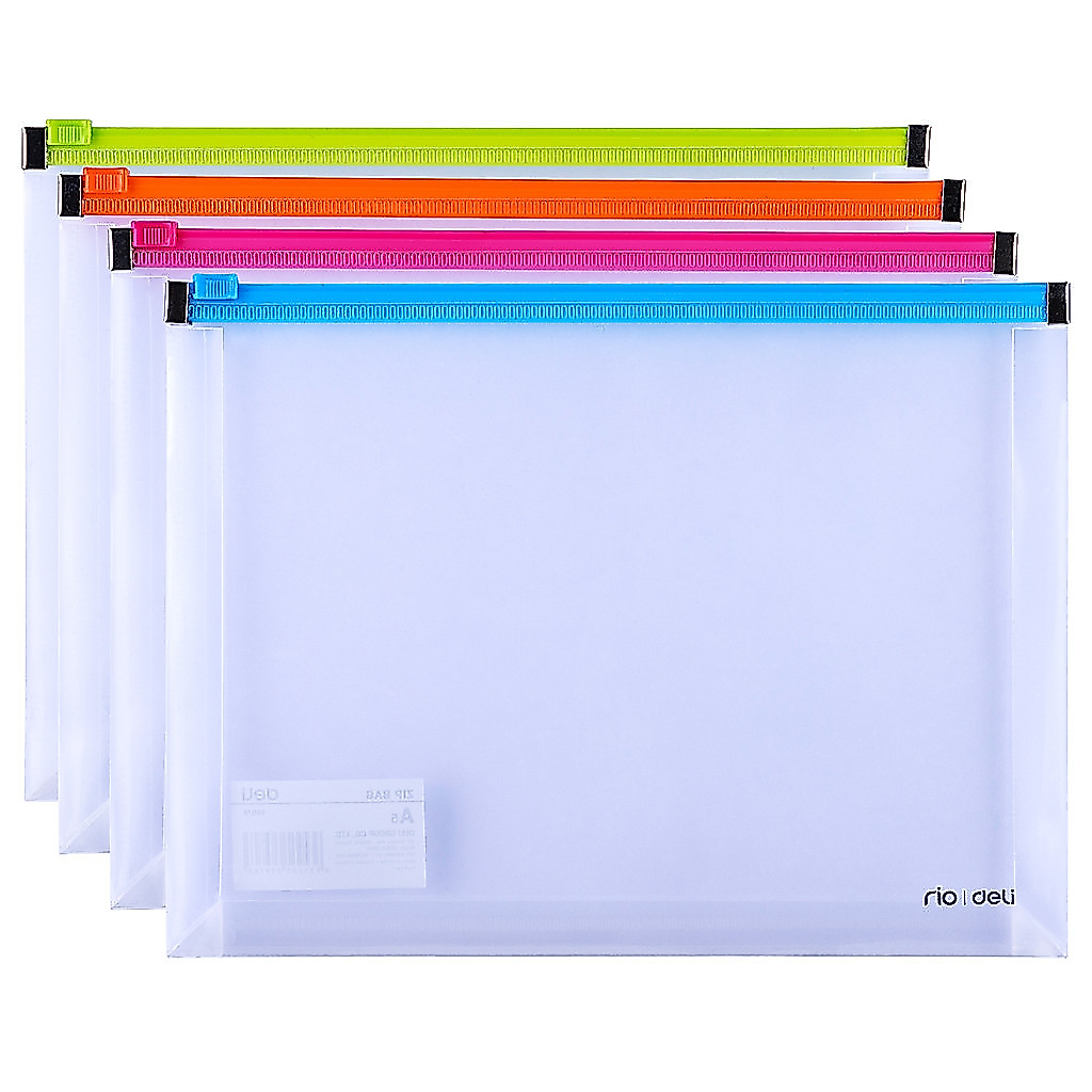 Pasta Zip Deli A4/A5 Transparente Kit com 4 Organizadores de Documentos para Escola e Escritório