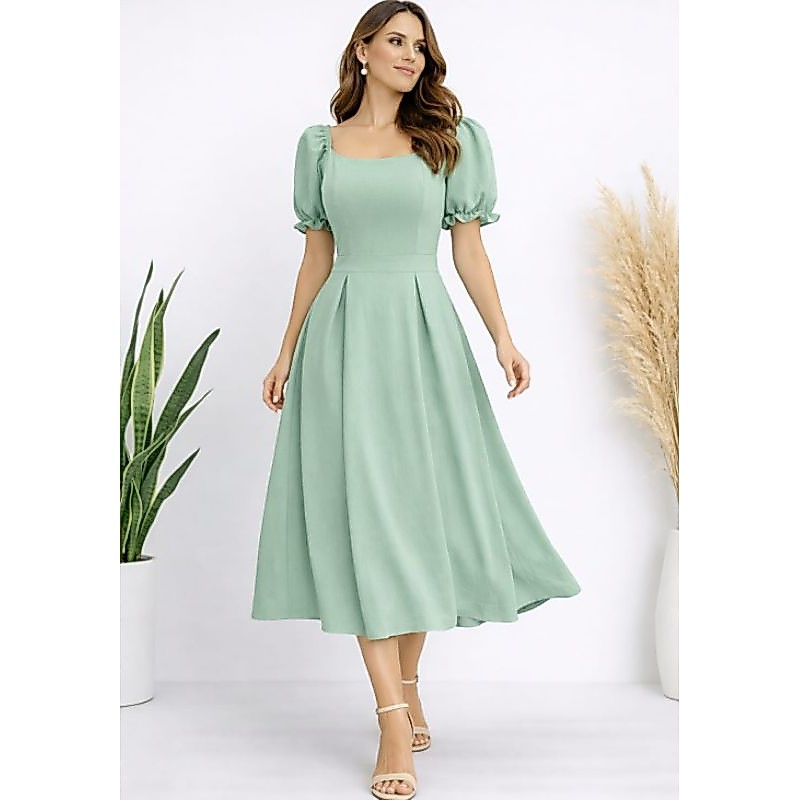 Vestido Midi Feminino Elegante com Manga Bufante para Festa e Eventos
